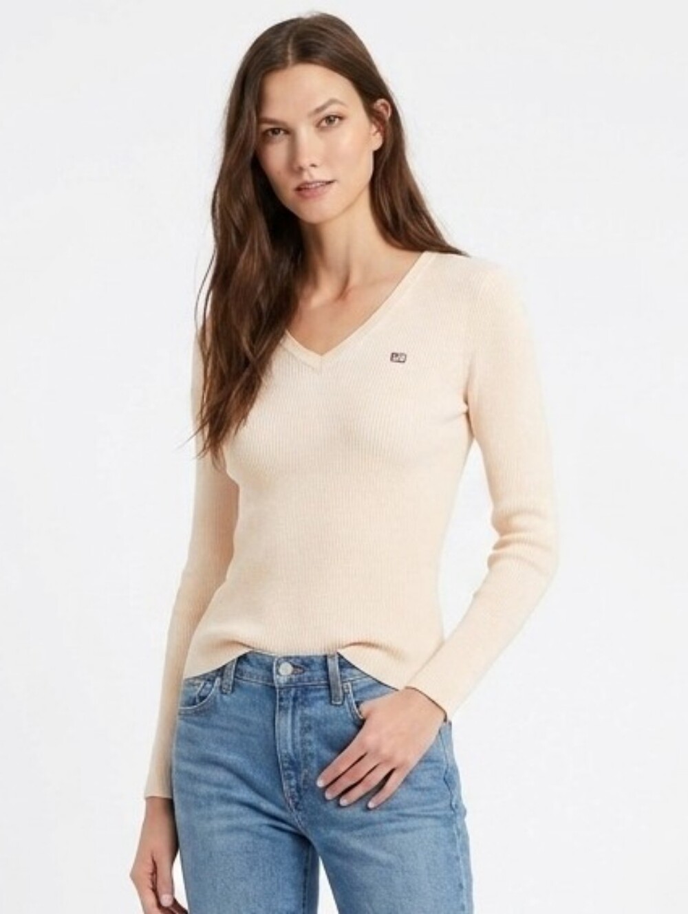Vintage Polo Ralph Lauren Classic Neutral Long-sleeve V-neck Ribbed Tee Ivory